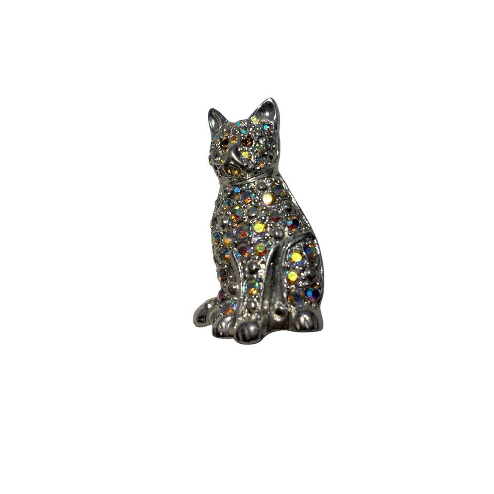 Vintage Silver Tone Aurora Borealis Rhinestone Sitting Kitty Cat Brooch Pin